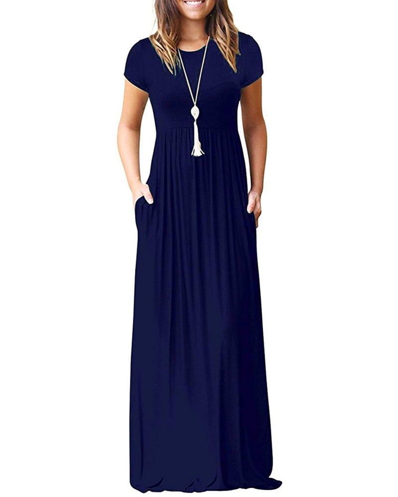 MISFAY Women Short Sleeve Loose Plain Maxi Dresses Casual Long Dresses Pockets(Navy Blue,M) - Image 1